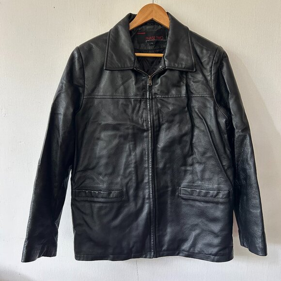 Phase Two Black Leather Jacket Womens Large Full Zip Pockets - Picture 1 of 6